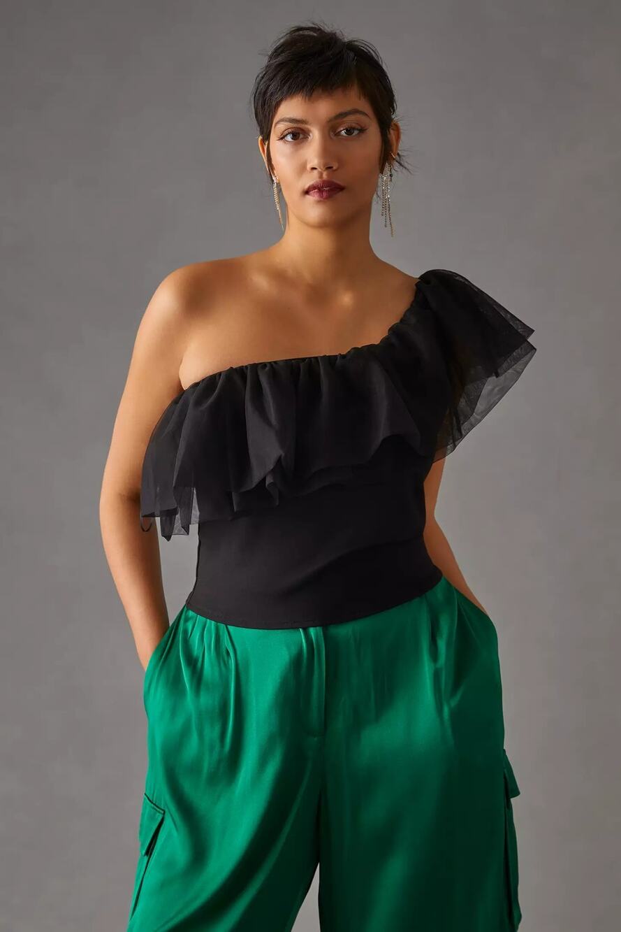 New Anthropologie Sunday in Brooklyn One-Shoulder Top $78 LARGE PETITE Black